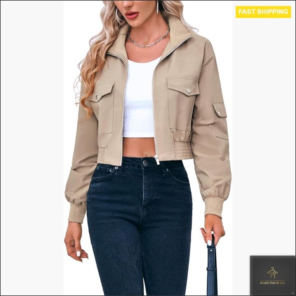 Cropped Bomber Jacket Lightweight Zip Front Stand Collar Long Sleeve